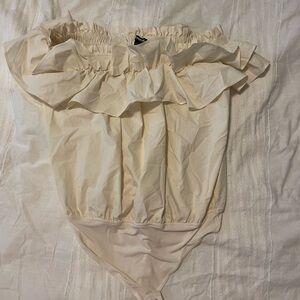 Express Cream Ruffle Off-Shoulder Bodysuit